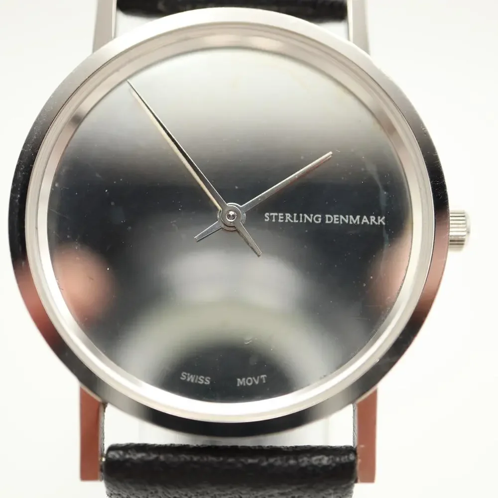 Sterling Denmark by Max Rene Silver Tone 32mm Watch Swiss Leather w New Battery